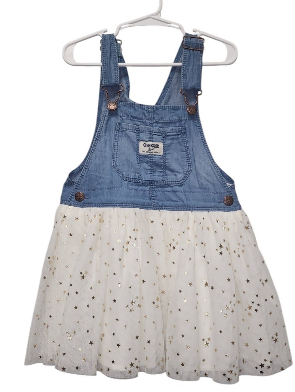 OshKosh B'gosh 3T Denim Overall Dress Gold Star Tulle Skirt Toddler Girl